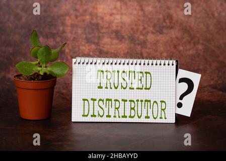 Légende présentant un distributeur de confiance.Photo conceptuelle fournisseur autorisé Représentant en gros crédible brainstorming la nouvelle idée de Banque D'Images
