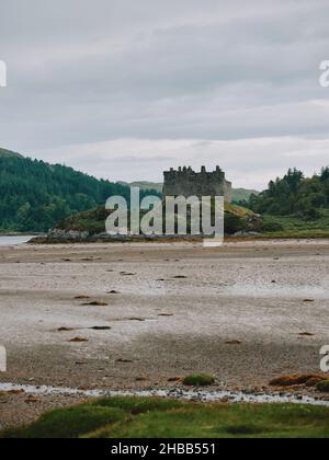 Château de Tioram / Dorlin ruines du château dans le paysage du Loch Moidart sur la côte ouest de l'Écosse, Lochaber, West Highlands, Royaume-Uni Banque D'Images