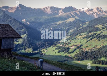 Archive image 1992: Paysage alpin suisse, au-dessus d'Interlaken.Ferme suisse traditionnelle située à côté d'une route de montagne rurale avec vue lointaine sur les chalets sur une colline recouverte d'herbe.Image numérisée à partir de 35mm transparents. Banque D'Images