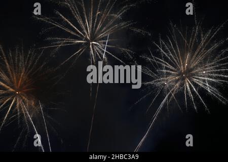 Superbes feux d'artifice colorés et ciel nocturne noir photographiés à Dubaï, Émirats arabes Unis, lors du festival commercial de Dubaï.Belle photo de célébration pour la Saint-Sylvestre Banque D'Images