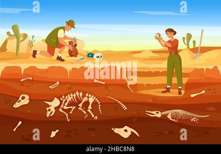 Excavation archéologique de dessins animés, archéologues à la découverte d'objets anciens.Paléontologue trouvant des fossiles à l'illustration du vecteur du site de creusage.Homme et femme explorant des objets avec de l'équipement Illustration de Vecteur