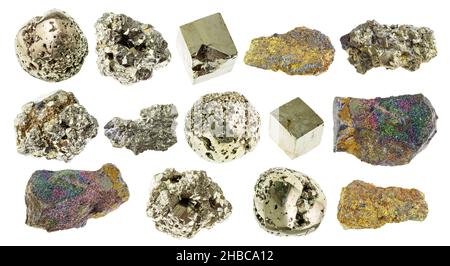 ensemble de plusieurs pierres de pyrite de fer découpe sur fond blanc Banque D'Images