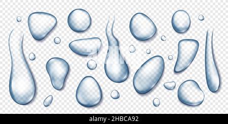 Gouttes d'eau de condensation réalistes, gouttes de pluie et déchirures.Gouttelettes liquides propres, gouttes d'eau transparentes dans différentes formes ensemble de vecteurs.Des breloques naturelles, fraîches et pures, isolées sur des transparents Illustration de Vecteur