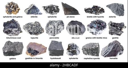ensemble de roches noires brutes avec noms découpés sur fond blanc Banque D'Images