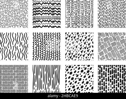 Jolis motifs sans couture dessinés à la main avec des points, des vagues, des gribouquets.Imprimé abstrait ou motif en tissu, coeurs ou lignes griffés ensemble de textures vectorielles.Bandes et tourbillons monochromes simples pour le textile Illustration de Vecteur
