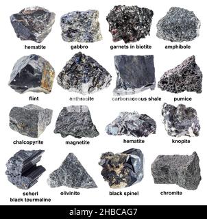 ensemble de diverses pierres noires non polies avec noms découpés sur fond blanc Banque D'Images