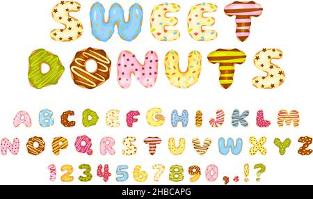 Police de beignets doux de dessin animé, lettres et chiffres glacés colorés.Adorable alphabet de dessert, délicieux beignets abc avec ensemble de vecteurs de saupoudrer.Anglais, chiffres et signes de ponctuation Illustration de Vecteur