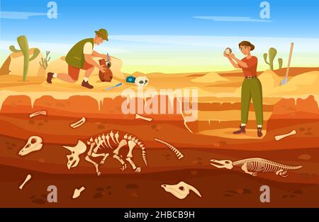 Excavation archéologique de dessins animés, archéologues à la découverte d'objets anciens.Paléontologue trouvant des fossiles à l'illustration du vecteur du site de creusage.Homme et femme explorant des objets avec de l'équipement Illustration de Vecteur