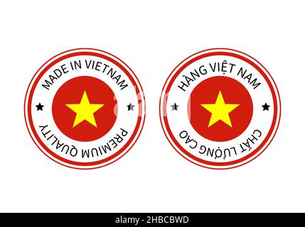 Fabriqués au Vietnam, étiquettes rondes en anglais et en langues vietnamiennes.Icône de vecteur de repère de qualité.Idéal pour le logo, les étiquettes, les badges, les autocollants et l'emblème Illustration de Vecteur