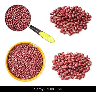 jeu de haricots adzuki rouges bruts découpe sur fond blanc Banque D'Images