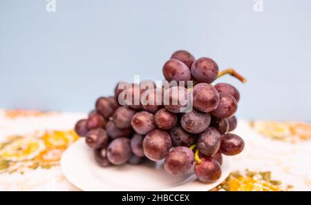 Baies de raisin bleu mûr en bouquet sur plaque blanche sur table recouvertes d'une nappe bleue dans le jardin contre un lit de fleur très près Banque D'Images