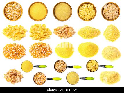 ensemble de graines de maïs et de semoule de maïs sur fond blanc Banque D'Images