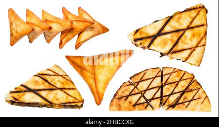 ensemble de divers tourtes péruviennes (quesadilla, empanada) découpe sur fond blanc Banque D'Images