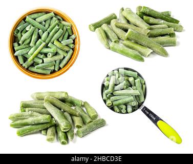 Ensemble de haricots verts coupés sur fond blanc Banque D'Images