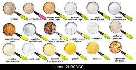 ensemble de tasses à mesurer avec différents sucres et farines avec des noms découpés sur fond blanc Banque D'Images