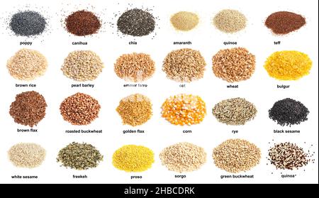 ensemble de piles de grains comestibles variuos avec noms découpés sur fond blanc Banque D'Images