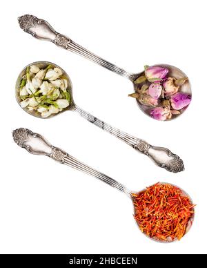 ensemble de plusieurs pétales de fleurs séchées découpe sur fond blanc Banque D'Images