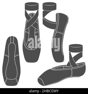 Jeu d'illustrations en noir et blanc avec des chaussures de pointe et des chaussures de ballet.Objets vectoriels isolés sur fond blanc. Illustration de Vecteur