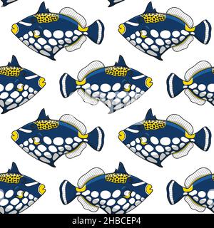 Motif sans couture avec poisson triggerfish.Fond tropical vectoriel sur blanc. Illustration de Vecteur