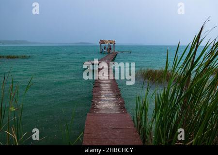 Quai en bois entre l'herbe menant au lac Itza tandis que la pluie éclabousse dans l'eau à El Remate, Peten, Guatemala Banque D'Images