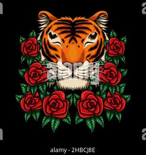 Tigre de sourire avec illustration vectorielle de fleur de rose Illustration de Vecteur