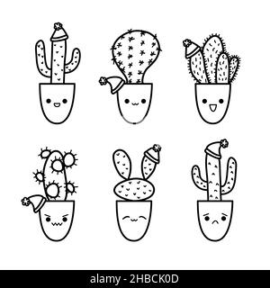 Adorable ensemble de landes de cactus de Noël à motif croquis.Les personnages de cactus sont variés avec des émotions kawaii pour la célébration du nouvel an Illustration de Vecteur