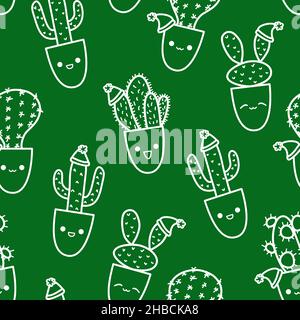 Adorable motif de Noël sans coutures en forme de cactus.Les personnages de cactus festifs sont variés avec des émotions kawaii Illustration de Vecteur