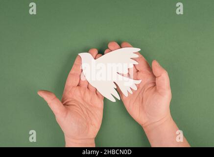 Tenant une colombe blanche entre les mains, symbole de paix, découpe de papier, espace de copie pour le texte Banque D'Images