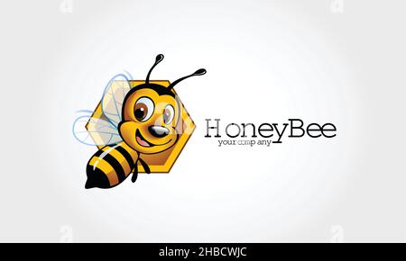 Personnage de dessin animé avec logo Honey Bee.Icône d'abeille vectorielle.Joli dessin animé lumineux bébé abeille sur un arrière-plan blanc élégant.Illustration du logo Vector. Illustration de Vecteur