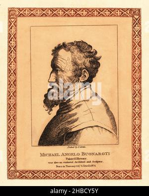 Portrait de Michel-Ange (1475-1564), sculpteur italien, peintre, architecte et poète de la haute Renaissance.Gravure teintée à l’intérieur d’une bordure décorative par John Girtin après une gravure par Giulio Antonio Bonasone sur soixante-dix-cinq portraits de John Girtin de peintres célèbres d’originaux authentiques, J. m’Creery, Londres, 1817. Banque D'Images