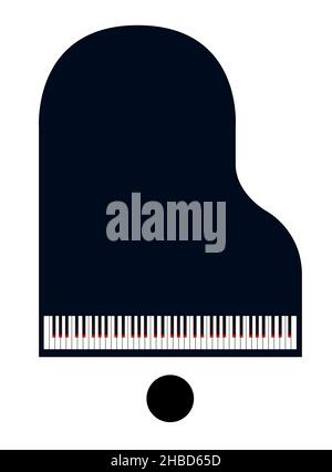 Vue de dessus abstraite d'un piano à queue noir et d'un tabouret sur fond blanc. Banque D'Images