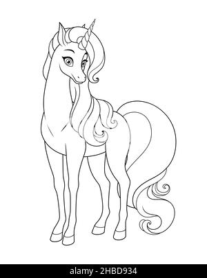 Belle licorne avec longue queue et manne.Illustration vectorielle pour la page de livre de coloriage. Illustration de Vecteur