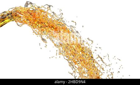 Jet de bière à onde dorée sur blanc Medical concept scientifique versement alcool 3D rendu Banque D'Images