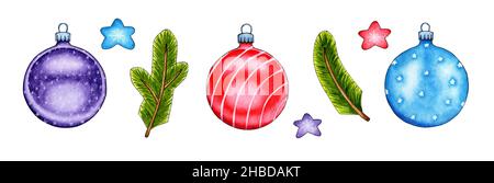 Ensemble de peinture aquarelle boules de Noël rouge, bleu, violet.Éléments de design de vacances, décoration pour l'arbre de Noël isolé sur fond blanc.Dr Banque D'Images