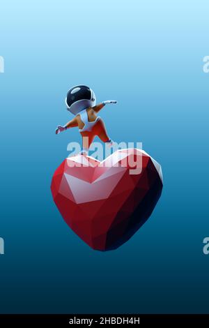 Homme de l'espace de dessin animé dansant sur un grand coeur rouge.Saint Valentin et amour.3D rendu. Banque D'Images