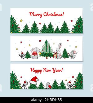 Ensemble de cartes de vœux horizontales Joyeux Noël et joyeux nouvel an avec animaux mignons et arbre de Noël.Illustration vectorielle dessinée à la main Illustration de Vecteur