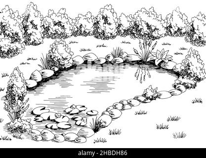 Pond Graphic noir blanc paysage dessin illustration vecteur Illustration de Vecteur