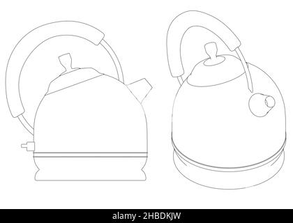 Définir avec les contours de la théière à partir de lignes noires isolées sur fond blanc.Vue latérale, isométrique.Illustration vectorielle. Illustration de Vecteur