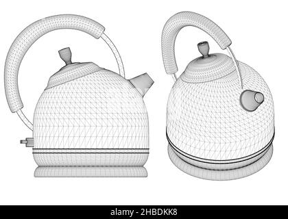 Ensemble avec des éléments filaires de théière à partir de lignes noires isolées sur fond blanc.Vue latérale, isométrique.3D.Illustration vectorielle. Illustration de Vecteur