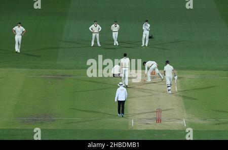 Joe Root d'Angleterre après avoir été frappé par une livraison Mitchell Starc pendant le quatrième jour du deuxième test de cendres à l'Adelaide Oval, Adélaïde.Date de la photo: Dimanche 19 décembre 2021. Banque D'Images