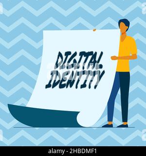 Texte indiquant l'identité numérique inspiration.Informations sur l'approche commerciale de l'entité utilisée par l'ordinateur pour représenter l'agent Homme debout tenant une grande place Banque D'Images