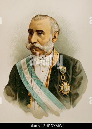 Manuel Alonso Martínez (1827-1891).Juriste et homme politique espagnol, et principal rédacteur du Code civil espagnol.Président du Congrès des députés en 1889.Ministre des travaux publics, des Finances et de la Justice et Grace.Portrait.Chromolithography.'Historia général de España' (Histoire générale de l'Espagne), par Miguel Morayta.Volume VIIIMadrid, 1894. Banque D'Images