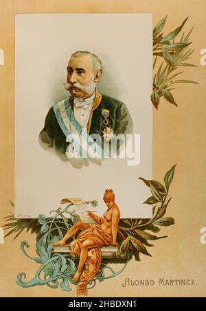 Manuel Alonso Martínez (1827-1891).Juriste et homme politique espagnol, et principal rédacteur du Code civil espagnol.Président du Congrès des députés en 1889.Ministre des travaux publics, des Finances et de la Justice et Grace.Portrait.Chromolithography.'Historia général de España' (Histoire générale de l'Espagne), par Miguel Morayta.Volume VIIIMadrid, 1894. Banque D'Images