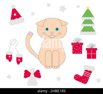 Nouvel an ensemble mignon chat beige, un coeur rose sur la queue et le nez à proximité, chapeau de père noël, mitaines, chaussettes, cadeaux,Arbre de Noël, anges avec étoiles de tir Illustration de Vecteur