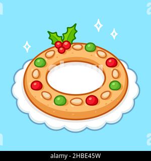 Kerstkrans Dutch Christmas Ring gâteau.Pâtisserie traditionnelle aux amandes pour couronne de Noël.Dessin animé, illustration vectorielle Illustration de Vecteur