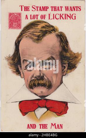 'Le timbre qui veut beaucoup de lécher... et l'homme': Carte postale faisant référence à l'introduction des timbres de l'assurance maladie nationale dans le cadre des réformes sociales du Parti libéral.Il comprend une caricature de David Lloyd George, chancelier de l'Échiquier, et une image du timbre de l'assurance maladie nationale dans le coin supérieur gauche Banque D'Images