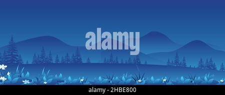 Grand panorama horizontal du paysage de nuit avec montagnes, prairies et champs. Illustration de Vecteur