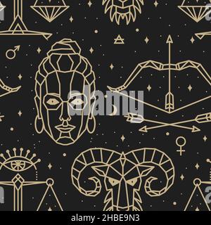 Motif sans couture - signes du zodiaque.Illustration dorée de signes astrologiques sur fond sombre.Illustrations magiques des femmes et des animaux dans Illustration de Vecteur