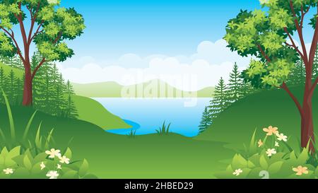 Magnifique paysage de nature avec lac, paysage de campagne de Cartoon avec montagnes, prairies, et champs. Illustration de Vecteur