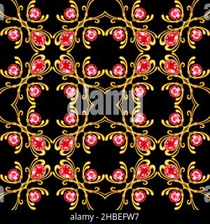 Motif baroque sans couture avec bijoux.Les pierres rouges et l'or défilent en noir Banque D'Images